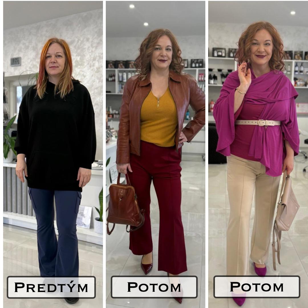 Premena ženy pred a po stylingu – z čiernej mikiny na elegantný červený a ružový outfit