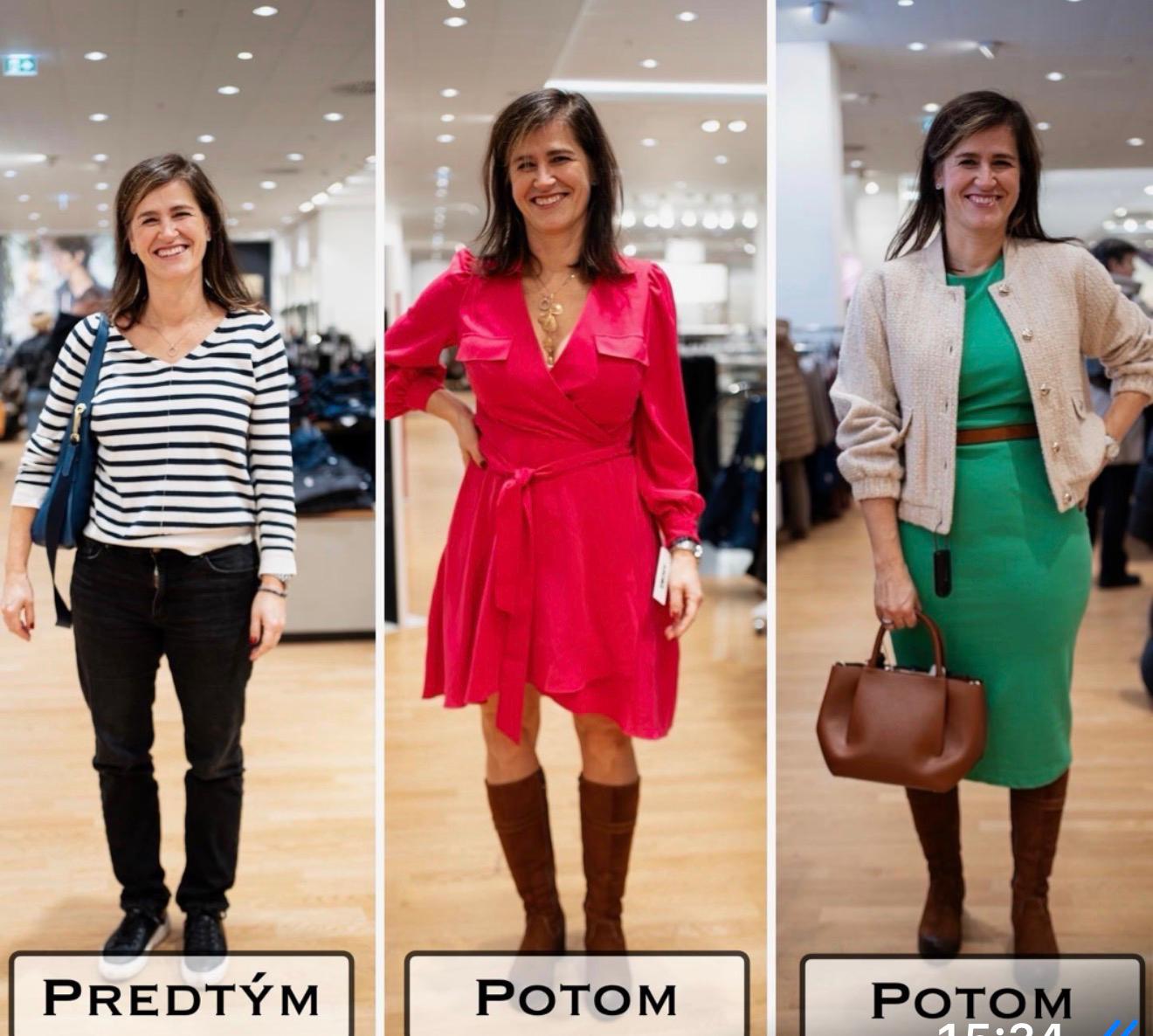 Premena ženy pred a po stylingu – z jednoduchého outfitu na elegantné červené a zelené šaty
